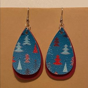 Handmade Faux Leather Earrings- Red & Blue Trees
